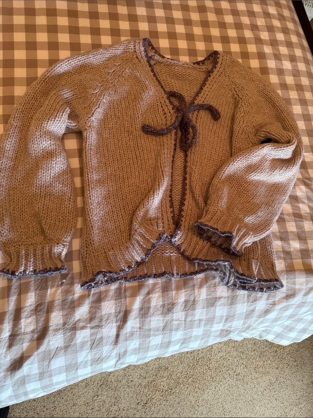 SHEIN Taupe Knit Tie-Front Cardigan with Dark Trim